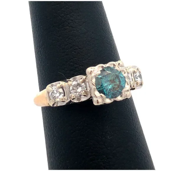 Vintage AM-G 14K Yellow White Gold Blue Diamond White Accented Engagement Ring